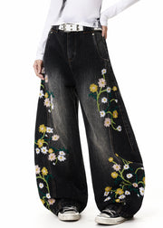 Fine Black Embroidered High Waist Denim Pants Fall