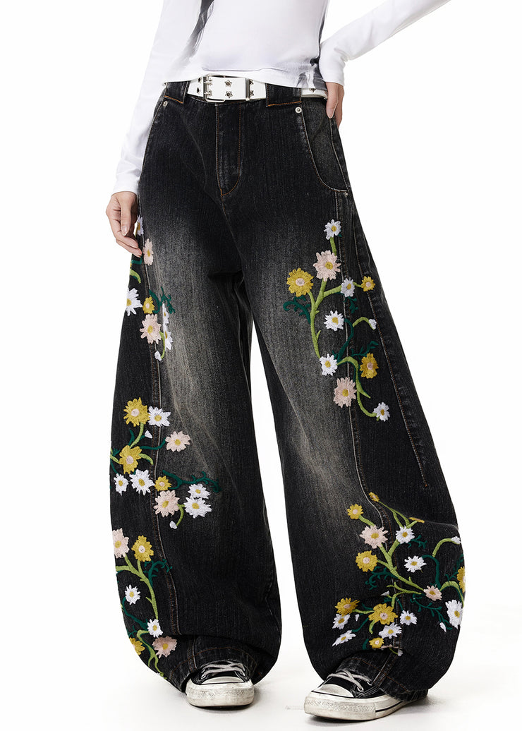 Fine Black Embroidered High Waist Denim Pants Fall