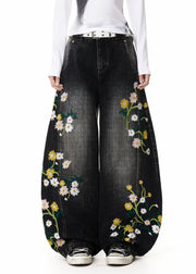 Fine Black Embroidered High Waist Denim Pants Fall