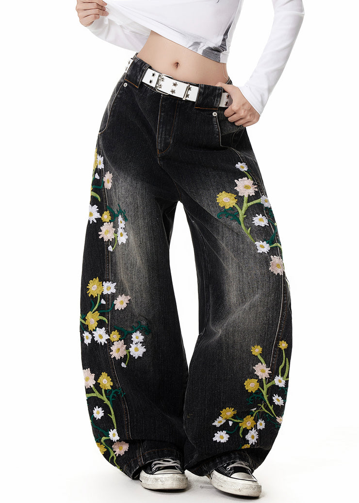 Fine Black Embroidered High Waist Denim Pants Fall