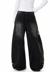 Fine Black Embroidered High Waist Denim Pants Fall