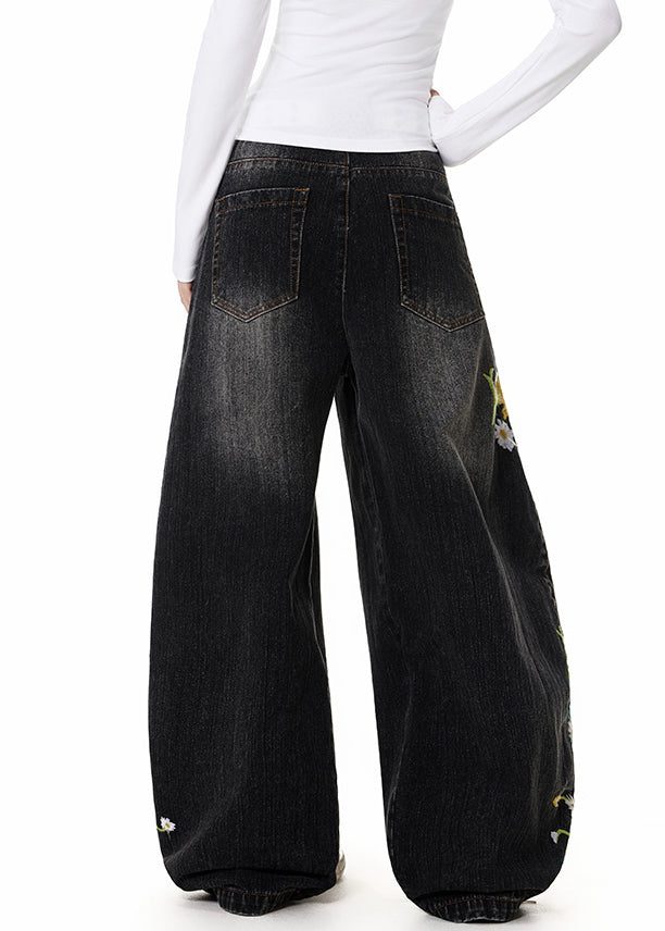 Fine Black Embroidered High Waist Denim Pants Fall
