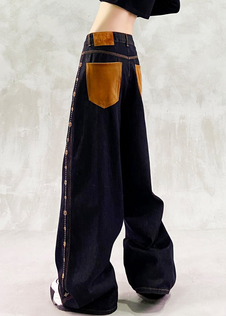 Fine Black Embroidered Patchwork Denim Pants Trousers Spring