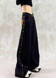 Fine Black Embroidered Patchwork Denim Pants Trousers Spring