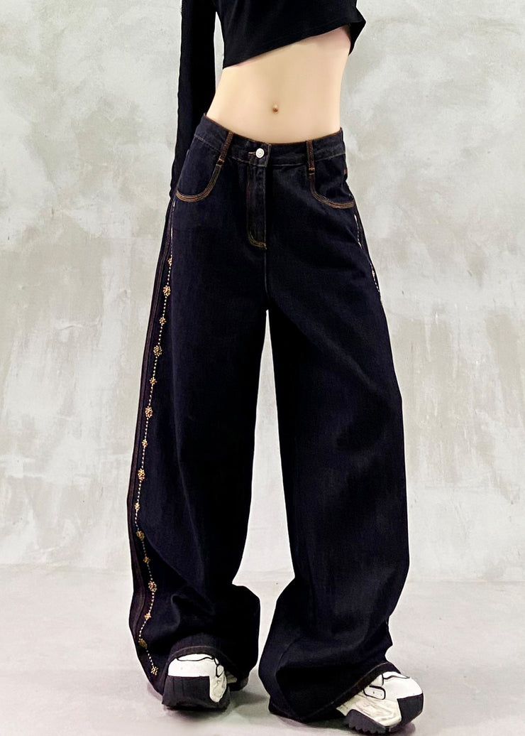 Fine Black Embroidered Patchwork Denim Pants Trousers Spring