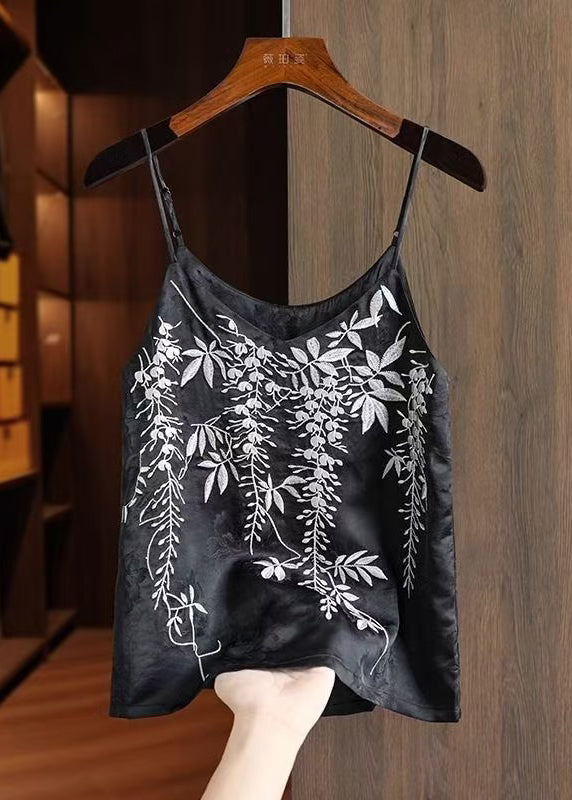 Fine Black Embroidered Silk Spaghetti Strap Vests Summer