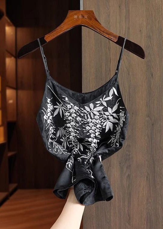 Fine Black Embroidered Silk Spaghetti Strap Vests Summer