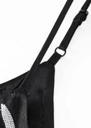 Fine Black Embroidered Silk Spaghetti Strap Vests Summer