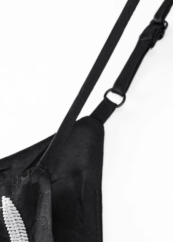 Fine Black Embroidered Silk Spaghetti Strap Vests Summer