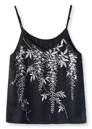 Fine Black Embroidered Silk Spaghetti Strap Vests Summer