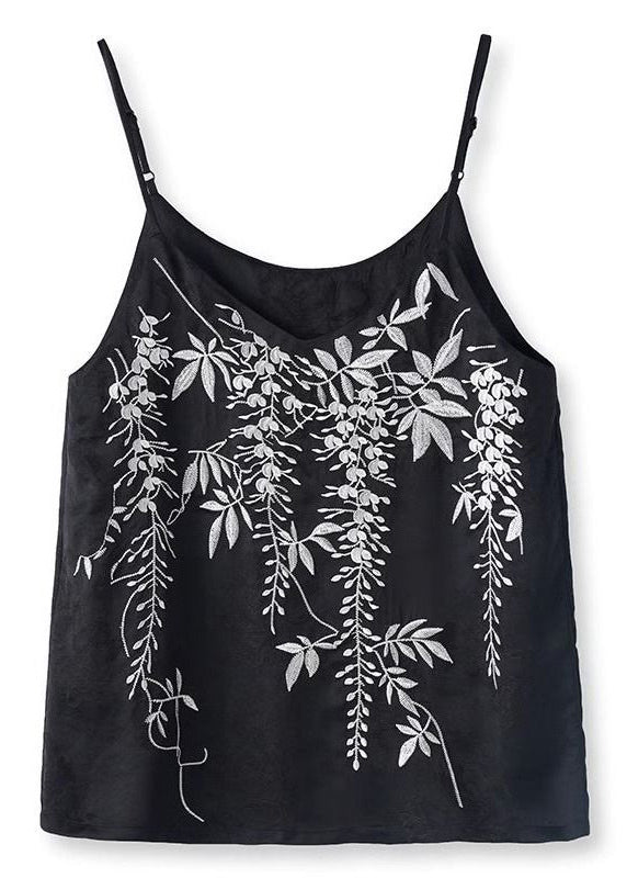 Fine Black Embroidered Silk Spaghetti Strap Vests Summer