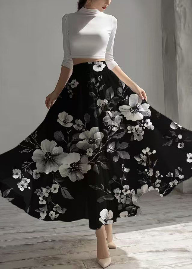 Fine Black Floral Chiffon Skirt Exra Large Hem Summer