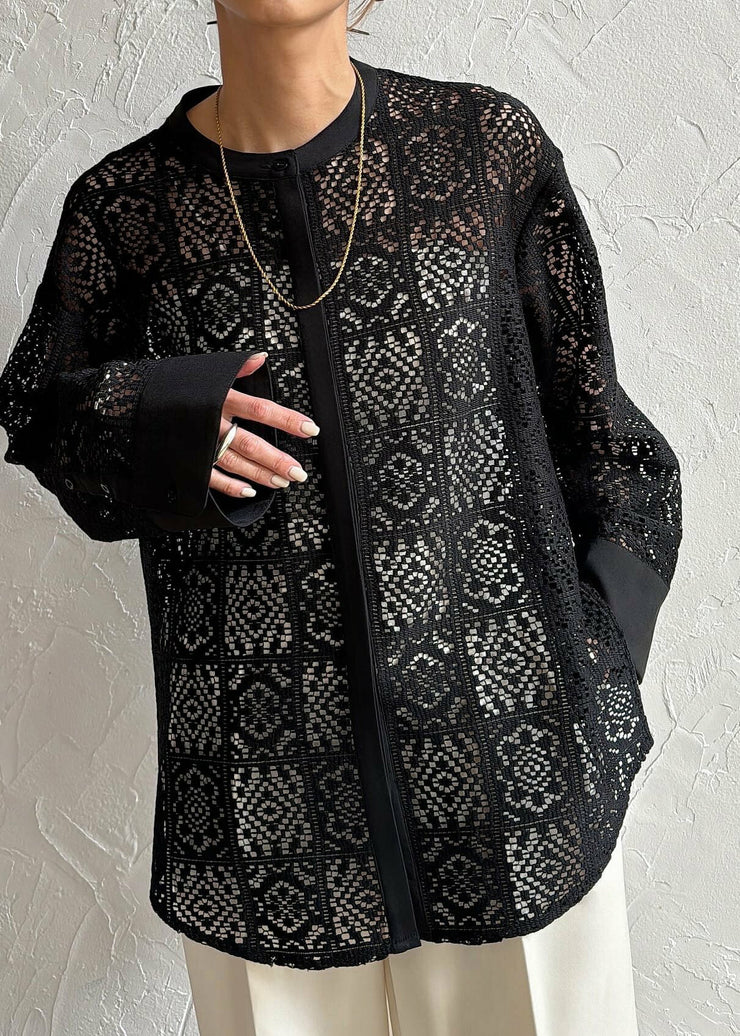 Fine Black Hollow Out Side Open Lace Tops Summer