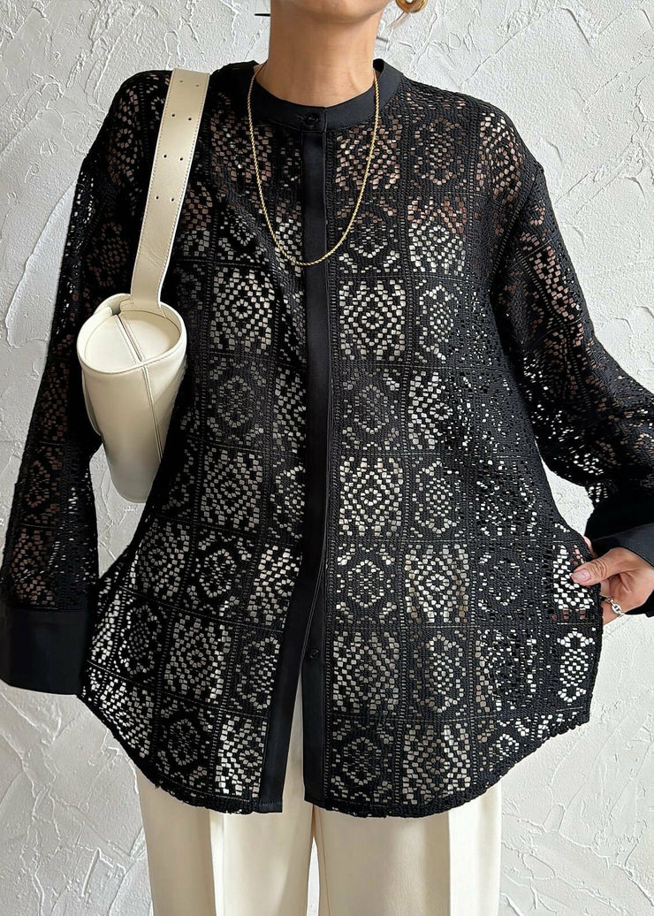 Fine Black Hollow Out Side Open Lace Tops Summer