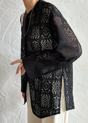 Fine Black Hollow Out Side Open Lace Tops Summer