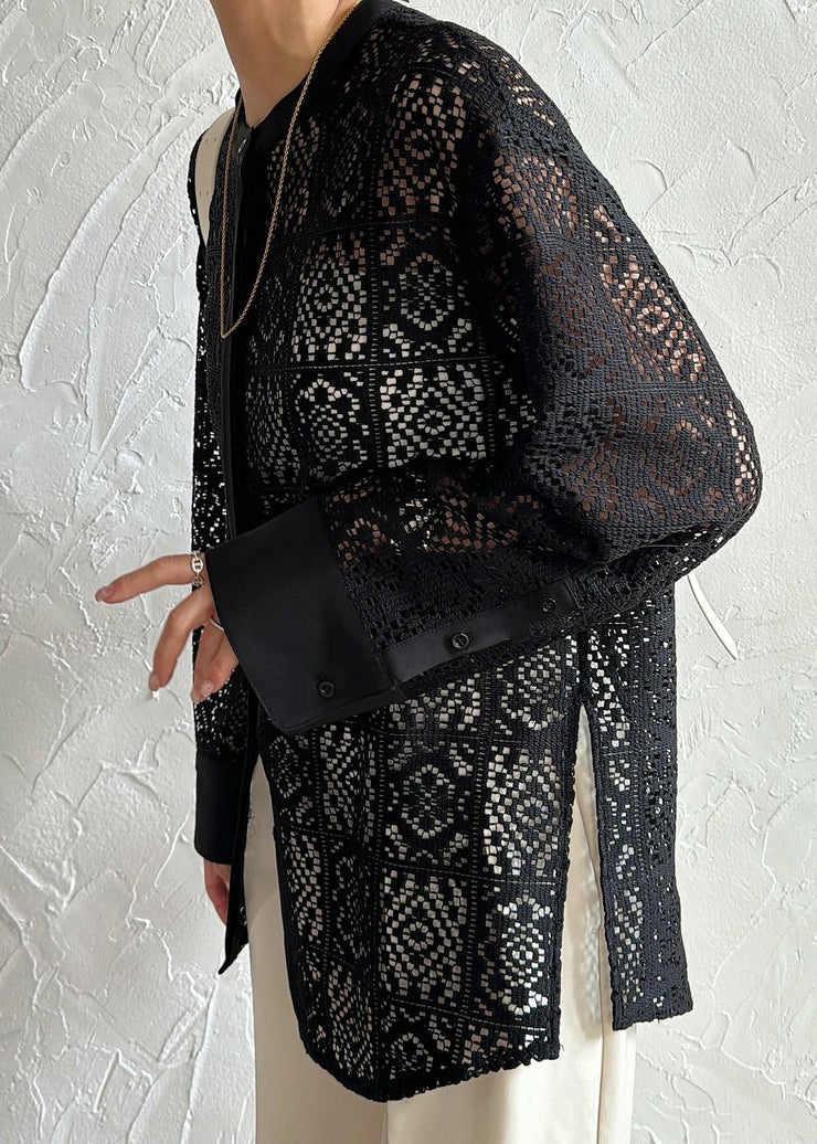 Fine Black Hollow Out Side Open Lace Tops Summer