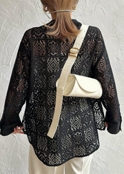 Fine Black Hollow Out Side Open Lace Tops Summer