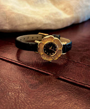 Fine Black Leather Alloy Organic Glass Quartz Movement Watches