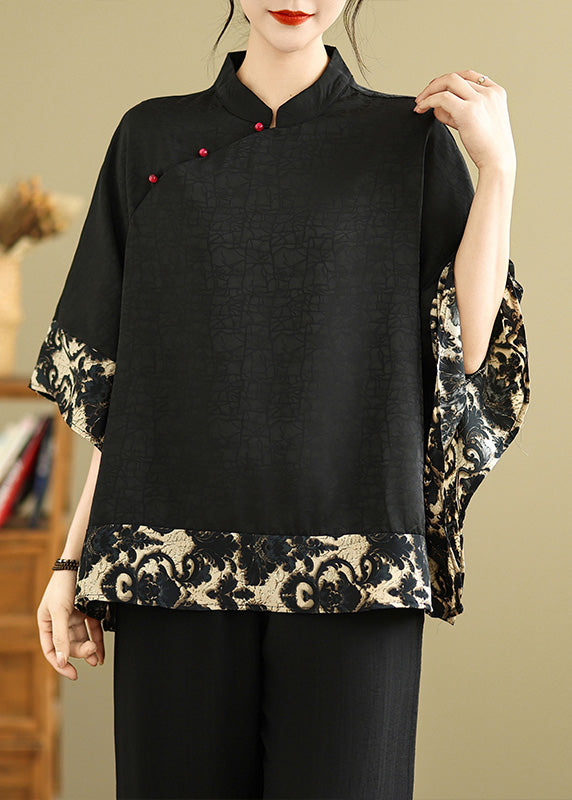 Fine Black Mandarin Collar Patchwork Silk Oriental Shirts Summer