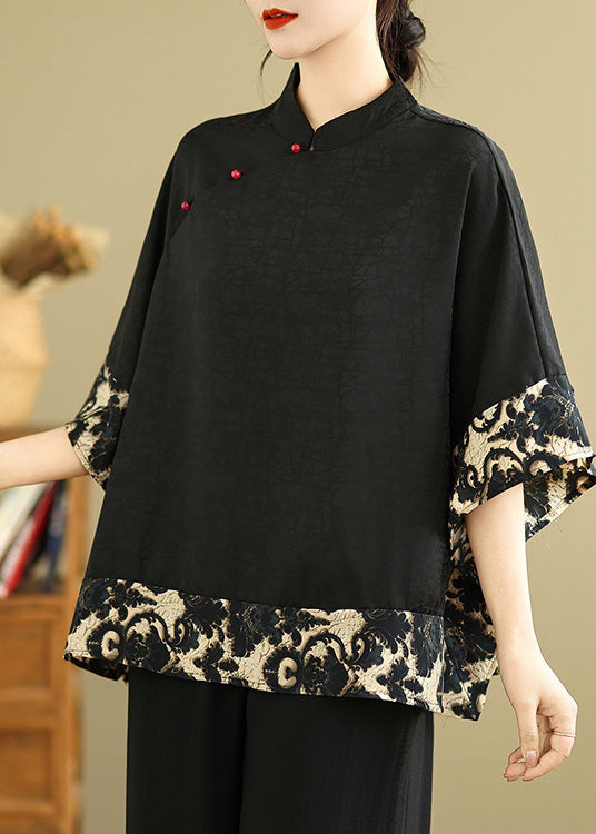 Fine Black Mandarin Collar Patchwork Silk Oriental Shirts Summer