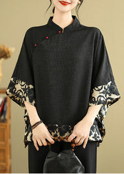 Fine Black Mandarin Collar Patchwork Silk Oriental Shirts Summer