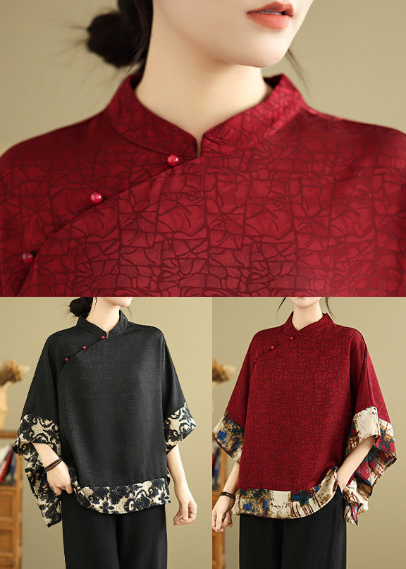 Fine Black Mandarin Collar Patchwork Silk Oriental Shirts Summer