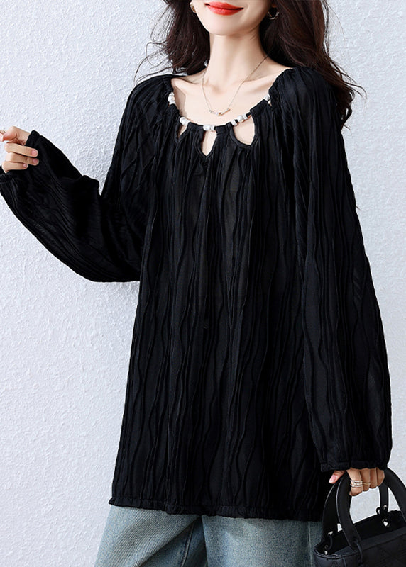 Fine Black O-Neck Nail Bead Cotton Loose Shirts Fall