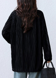 Fine Black O-Neck Nail Bead Cotton Loose Shirts Fall