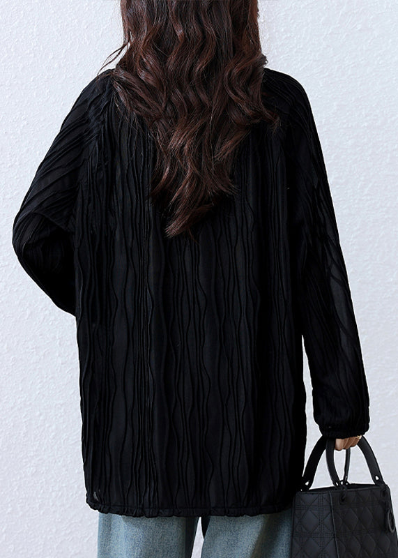 Fine Black O-Neck Nail Bead Cotton Loose Shirts Fall