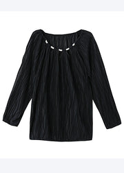 Fine Black O-Neck Nail Bead Cotton Loose Shirts Fall