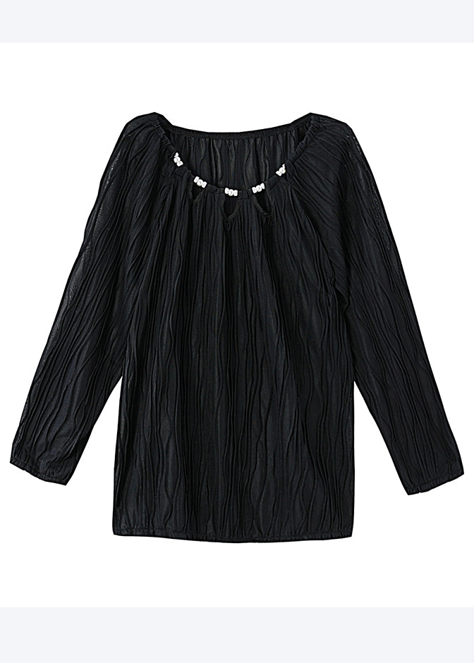 Fine Black O-Neck Nail Bead Cotton Loose Shirts Fall
