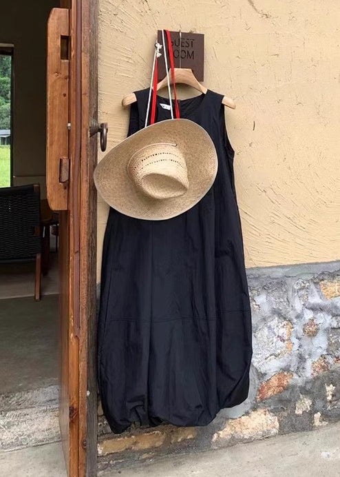 Fine Black Oversized Cotton Ankle Dress Sleeveless