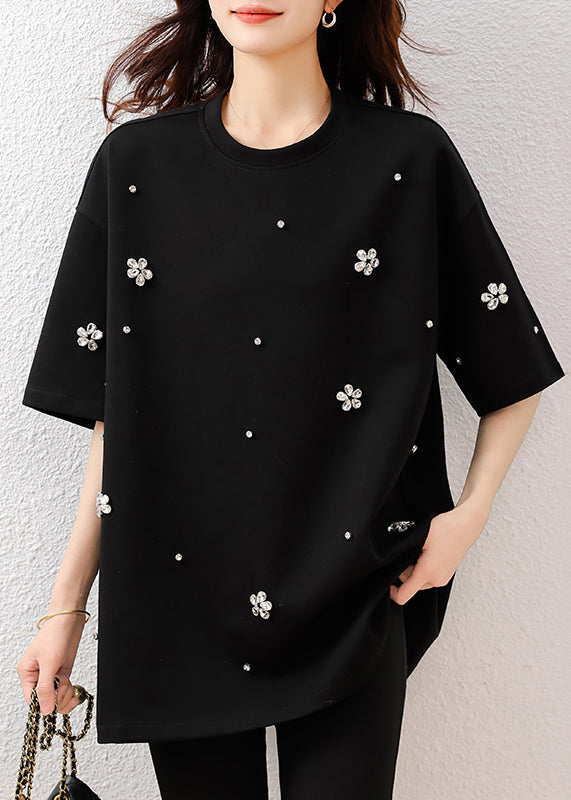 Fine Black Oversized Floral Rhinestone Cotton Tops Summer