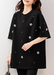 Fine Black Oversized Floral Rhinestone Cotton Tops Summer