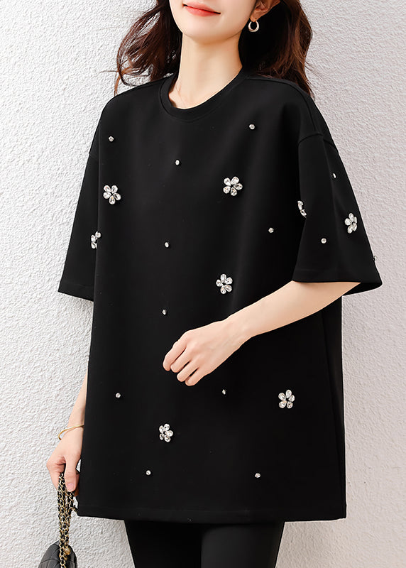 Fine Black Oversized Floral Rhinestone Cotton Tops Summer