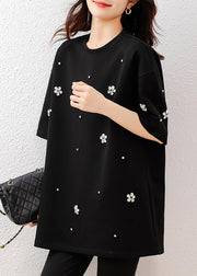 Fine Black Oversized Floral Rhinestone Cotton Tops Summer