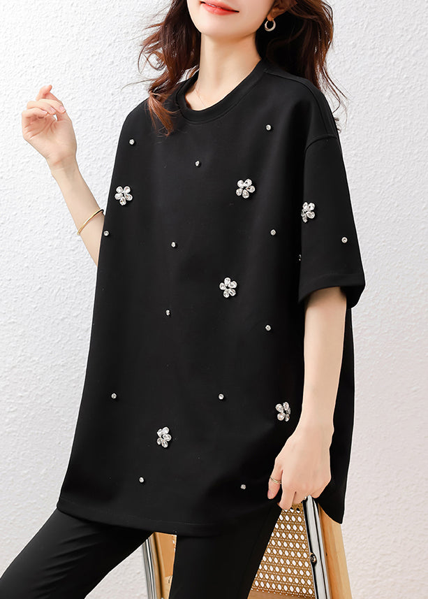 Fine Black Oversized Floral Rhinestone Cotton Tops Summer