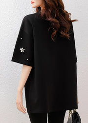 Fine Black Oversized Floral Rhinestone Cotton Tops Summer