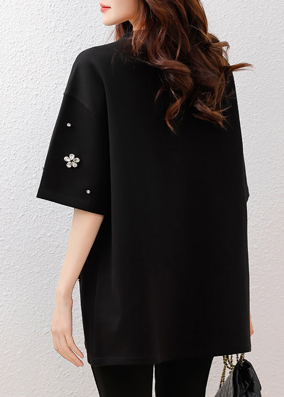 Fine Black Oversized Floral Rhinestone Cotton Tops Summer