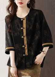 Fine Black Oversized Patchwork Chinese Button Silk Oriental Shirts Summer