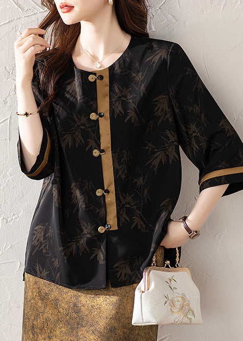 Fine Black Oversized Patchwork Chinese Button Silk Oriental Shirts Summer