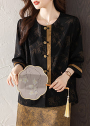 Fine Black Oversized Patchwork Chinese Button Silk Oriental Shirts Summer