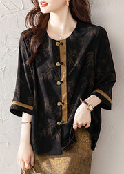 Fine Black Oversized Patchwork Chinese Button Silk Oriental Shirts Summer