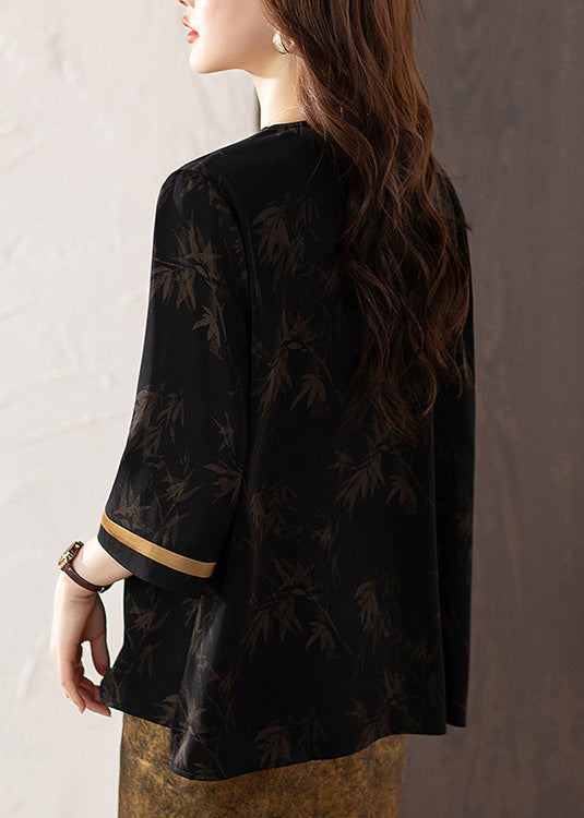 Fine Black Oversized Patchwork Chinese Button Silk Oriental Shirts Summer