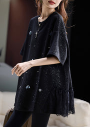 Fine Black Oversized Patchwork Cotton Tops Summer