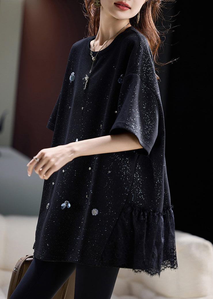 Fine Black Oversized Patchwork Cotton Tops Summer