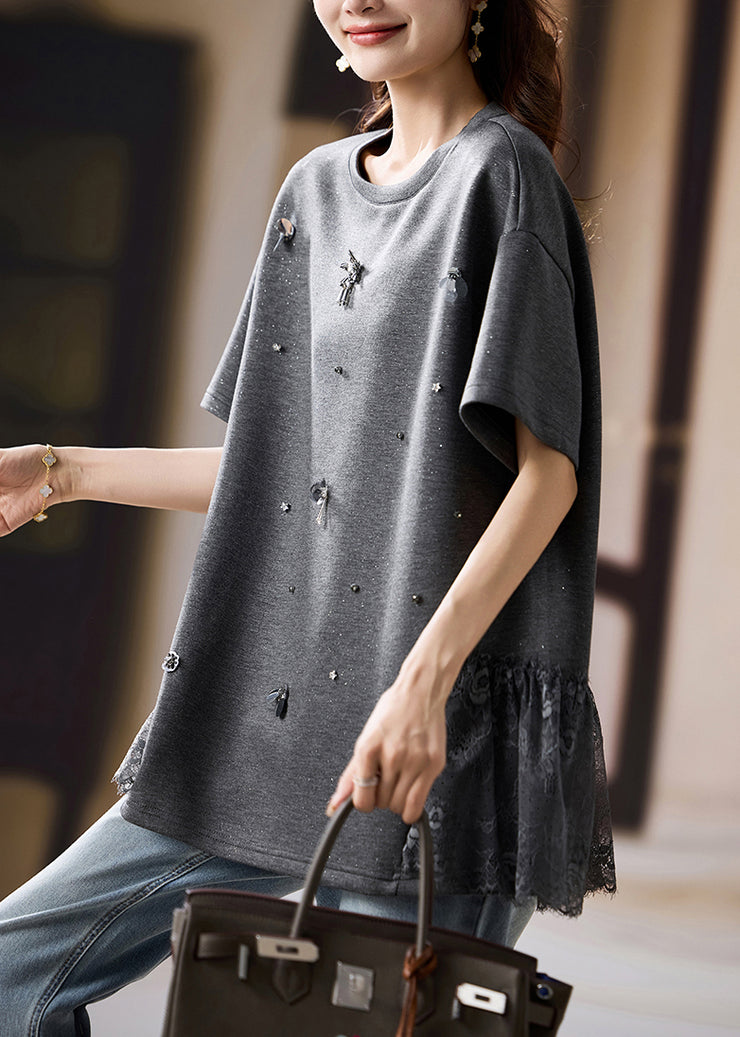 Fine Black Oversized Patchwork Cotton Tops Summer