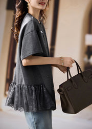 Fine Black Oversized Patchwork Cotton Tops Summer