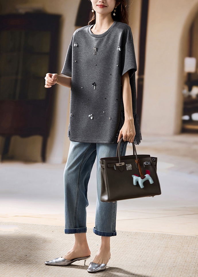 Fine Black Oversized Patchwork Cotton Tops Summer
