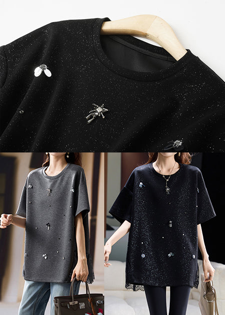 Fine Black Oversized Patchwork Cotton Tops Summer